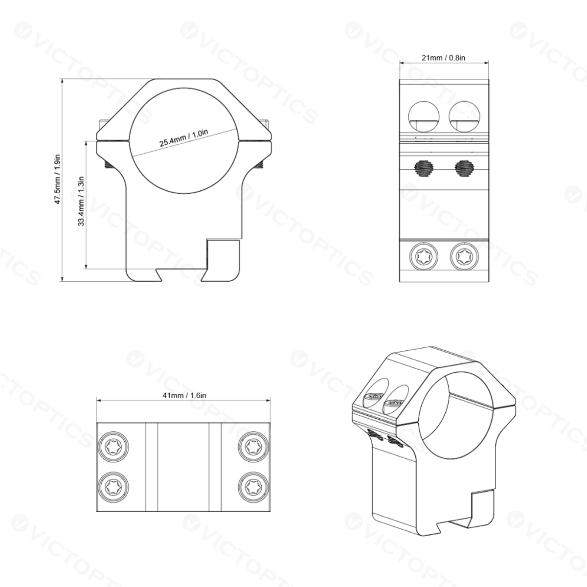 Vector Victoptics ACD Screw Mount 25.4mm (1") 9-11mm Dovetail Mounting Rings - High