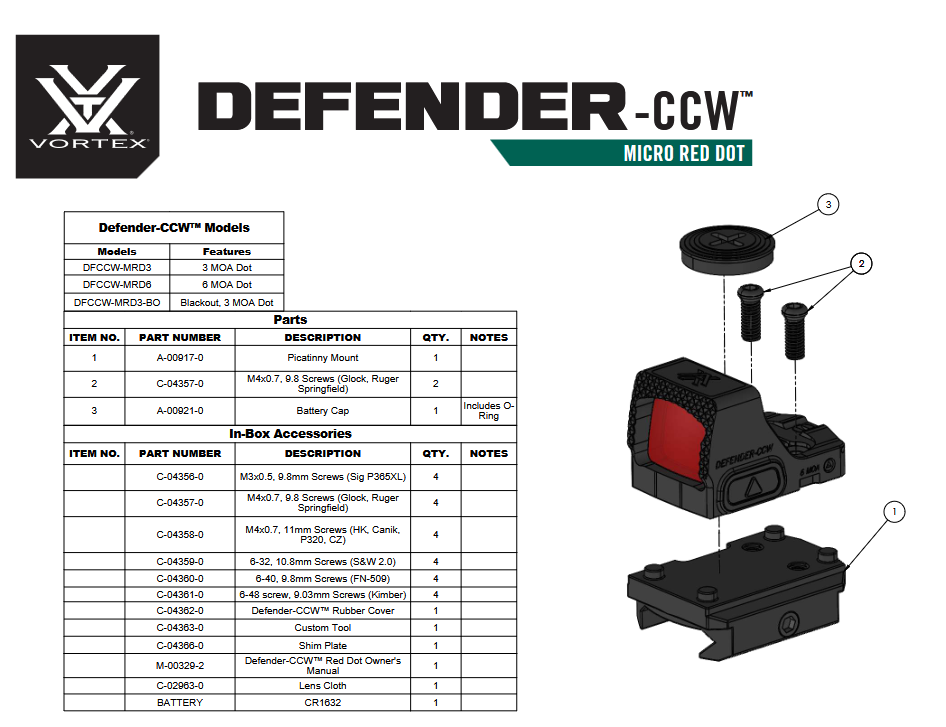 Vortex Optics Defender CCW 3 MOA Red Dot Sight
